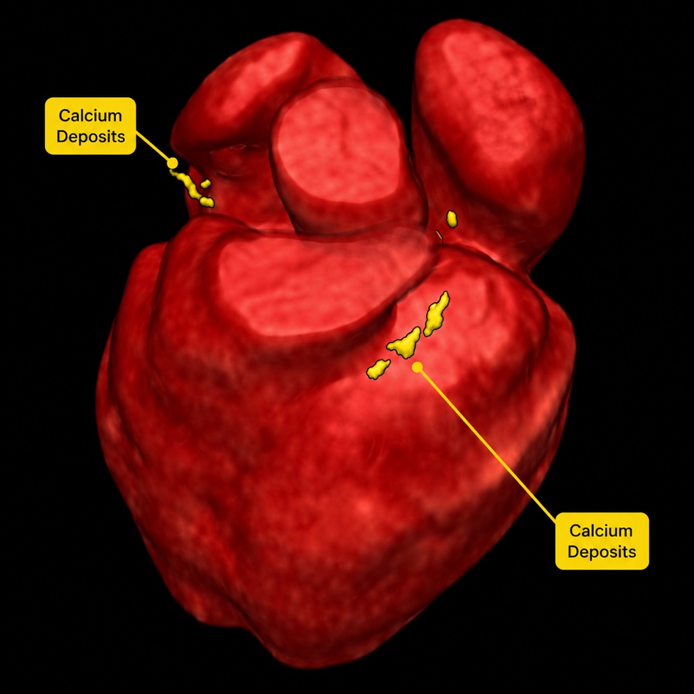 3D heart reconstruction showing highlighted coronary calcium deposits