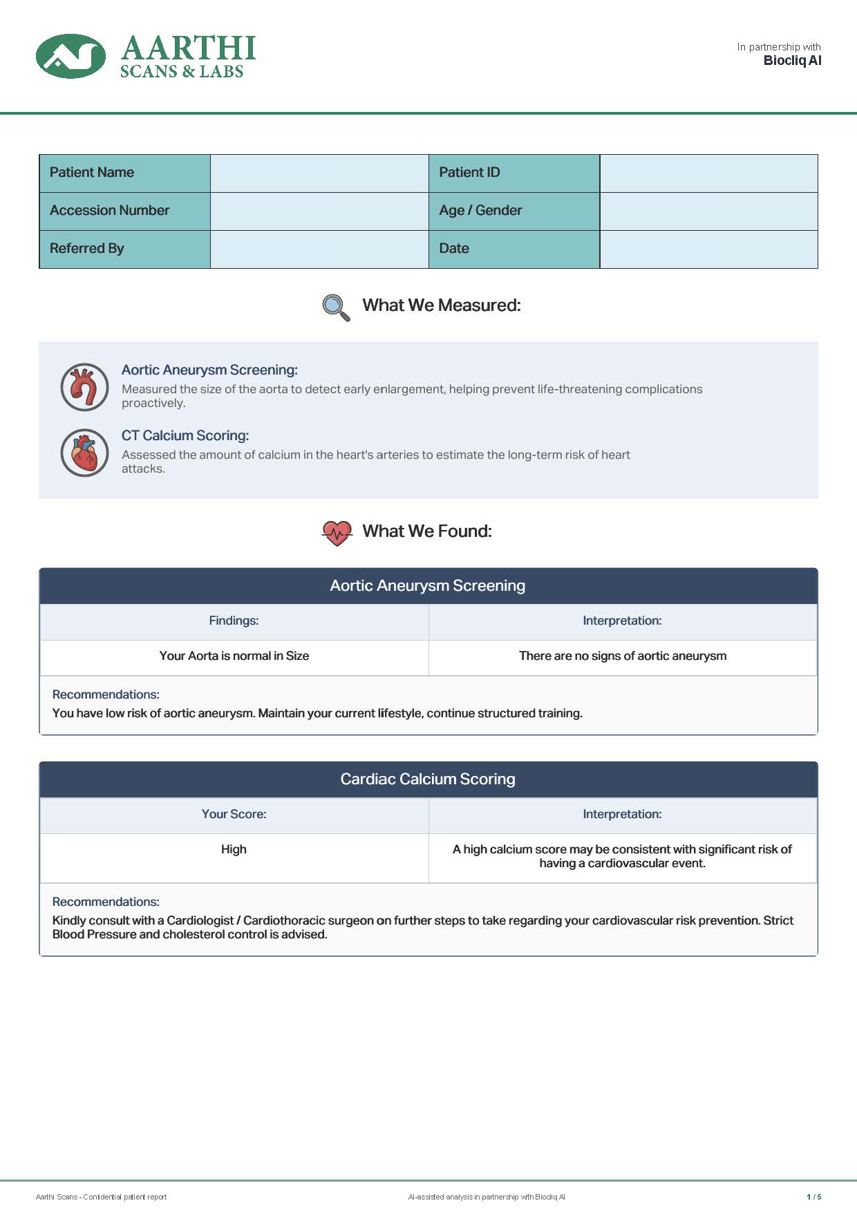 Page 1 of the anonymised sample Heart Health Report with summary findings