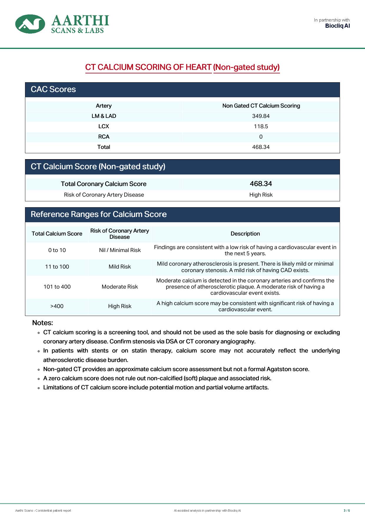 Page 3 of the anonymised sample Heart Health Report with coronary calcium findings